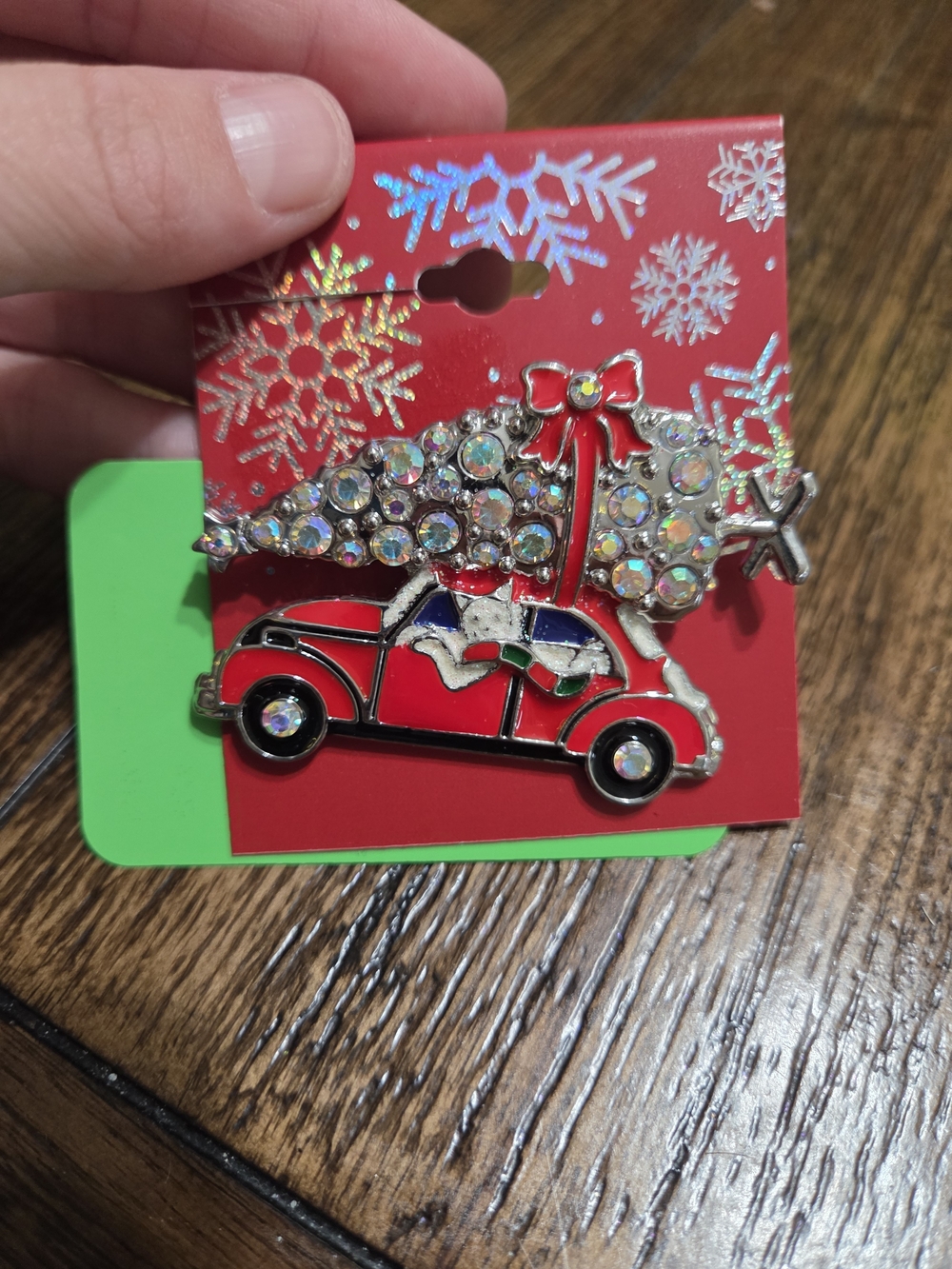 Kohl's Red Rhinestone Holiday Car Brooch with Sparkling Tree